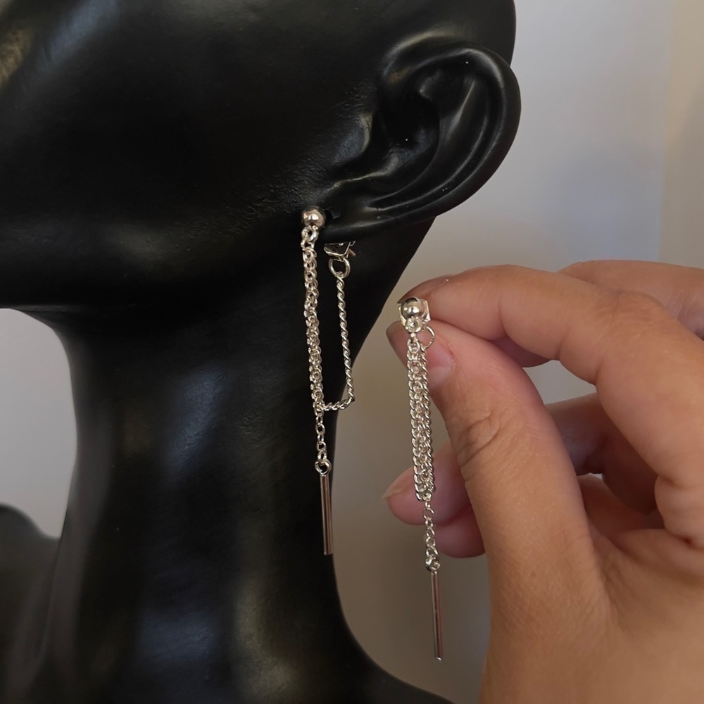 Silver Tone Sterling Silver Post Chain Dangle Earrings